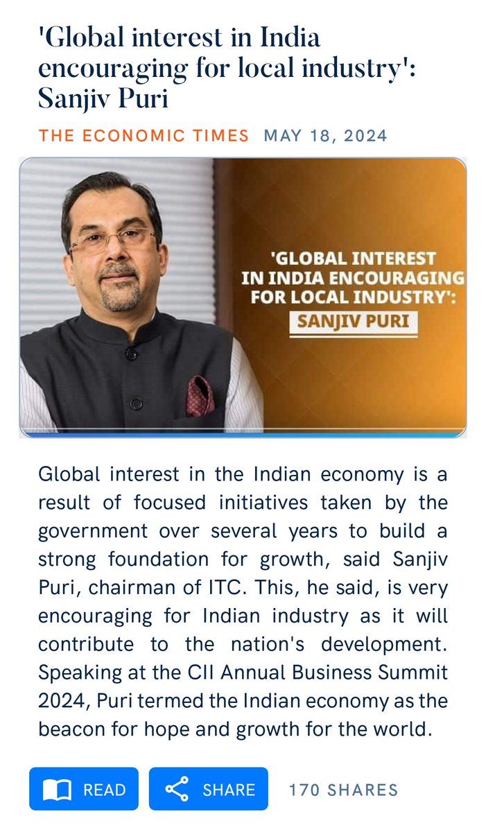 Global interest in the Indian economy is a result of focused initiatives taken by the government over several years to build a strong foundation for growth and is very encouraging for local industry: Sanjiv Puri Kudos Team @narendramodi 👏👏 economictimes.indiatimes.com/news/india/glo…