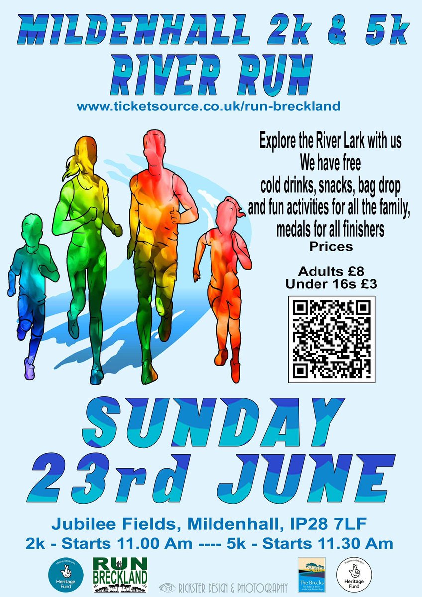 You can choose to run or walk a 2K or 5K route.  
The Thetford event follows part of the River Little Ouse, and the Mildenhall event follows part of the River Lark.  
ticketsource.co.uk/run-breckland
#running #5K #walking #2K #riverlittleouse #riverlark #thetford #mildenhall 
@TheBrecksLP