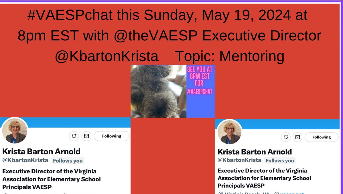 #VAESPchat this Sunday, May 19, 2024 at 8pm EST with @theVAESP Ex. Director @KbartonKrista Topic: Mentoring. @jmatherly @tweetnprincipal @CcpWilson @egoodman1215 @DrZissios @VictorLeonPowe1 @MHawley_3 @Kim_Rygas @GinnyGills @dcpsmoss @efranksnaesp @AknightApril @PrincipalECos