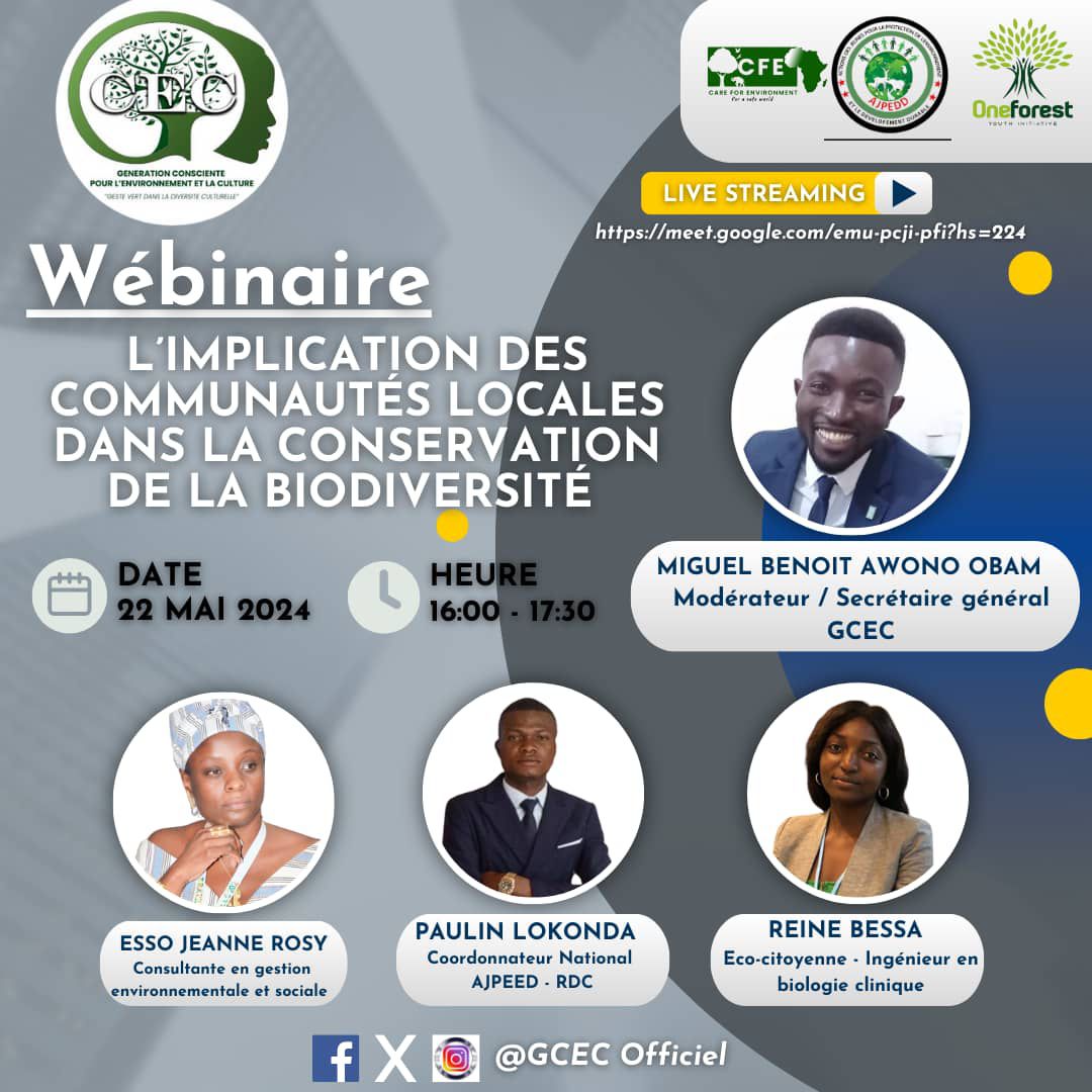 <a href="/gcec_officiel/">GCEC</a>
Join us on Wednesday 22 May 2024 (16:00-17:30) for a fascinating discussion on the importance of local community involvement in preserving our precious biodiversity.

[Link to the webinar: (meet.google.com/emu-pcji-pfi?h…).