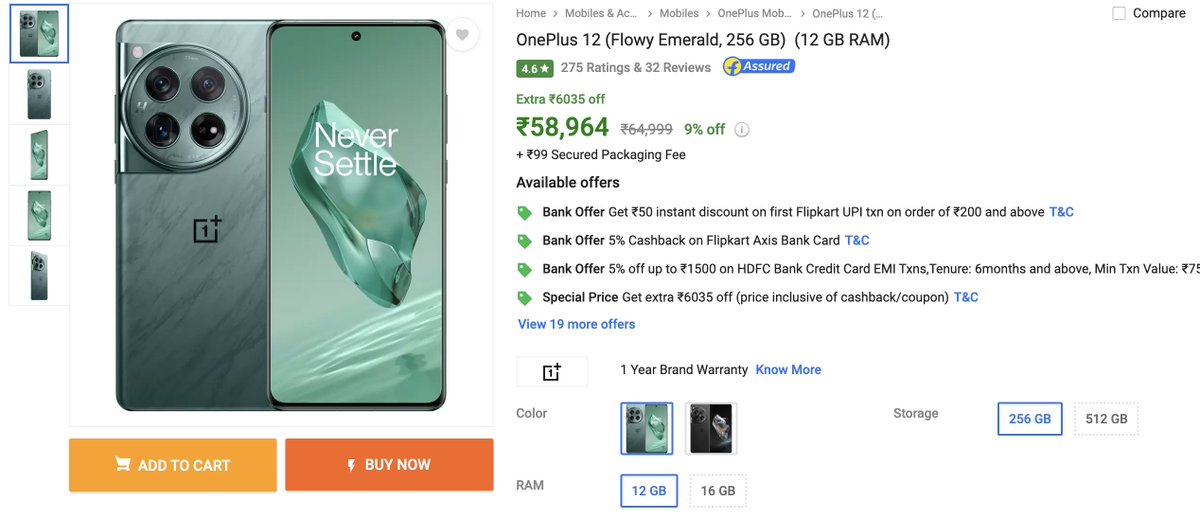OnePlus 12 selling for ₹55,275 (effectively) ₹1000 off with Supercoins and ₹2,910 cashback with Flipkart Axis card. OnePlus 12R with similar offers selling for around ₹33000 Deal spotted by @dealztrendz ❤️