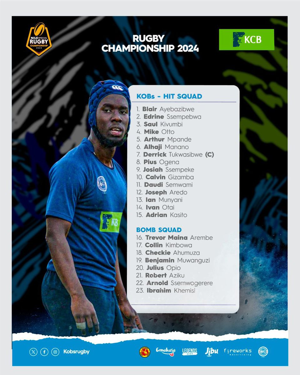 SQUAD UPDATES 🏉🏉 The #BlueArmy is set for battle! 🛑4 changes from last week, with rotations in starting XVs. ⏭️@The_IvanOtai starts at 14 ⚠️@ArnoldKlas12 and @TrevorArembe join the charge off the bench ⏰4pm Let's go #KCBKOBs💙 #NileSpecialRugby #GutsGritGold #RaiseYourGame
