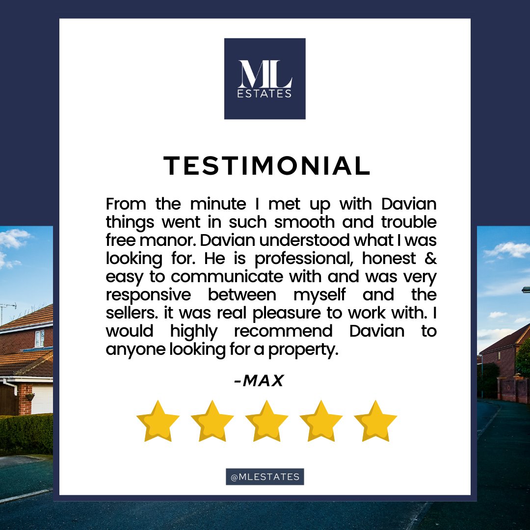 IMPRESSIVE REVIEW!⭐

We're overjoyed to receive this exceptional testimonial from a delighted ML Estates client. Our unwavering commitment to top-notch service pays off. Whether you're buying or selling, we're here to ensure a seamless experience.

#ClientTestimonial #MLestates