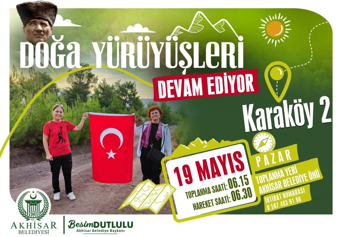 Doğa Yürüyüşlerimizin bu haftaki durağı Karaköy 2 Herkesi bekleriz. 💚🌲🏃⛰🇹🇷 🗓19 Mayıs Pazar ✅Karaköy 2 ⏱Hareket Saati:06:30 📍Toplanma Yeri: Akhisar Belediyesi Önü