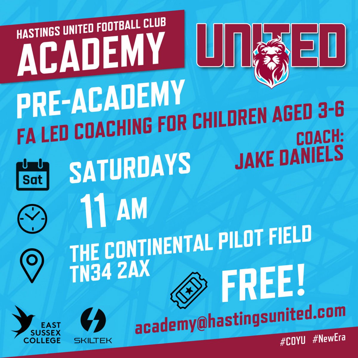 𝟭𝟭𝗔𝗠 - 𝗧𝗢𝗗𝗔𝗬 📅 TODAY ⏰ 11:00am 📍 THE CONTINENTAL PILOT FIELD 🎫 FREE (JUST TURN UP) FA led coaching for Children aged 3-6 with Jake Daniels For more information email academy@hastingsunited.com #COYU #HUFCPreAcademy #HUFC