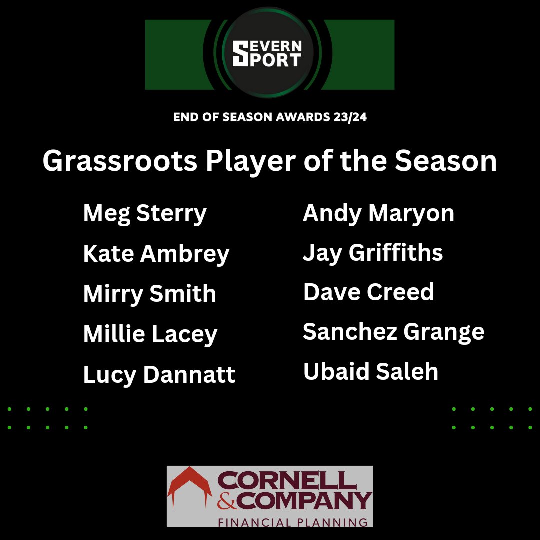 Following today's nominees announcement the line up for the first ever Grassroots Player of the Season shortlist is complete. One of these 10 will be named winner in the live Severn Sport End of Season Awards Show on Sunday 26 May