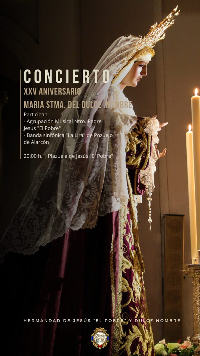 Esta tarde a las 20.00 horas os esperamos en la plaza de la Iglesia De San Pedro “El Viejo” en el concierto del XXV Aniversario de María Santísima del Dulce Nombre.

#DulceNombre <a href="/LaLiradePozuelo/">La Lira de Pozuelo</a> <a href="/AM_JesusElPobre/">A.M. JESÚS EL POBRE</a>