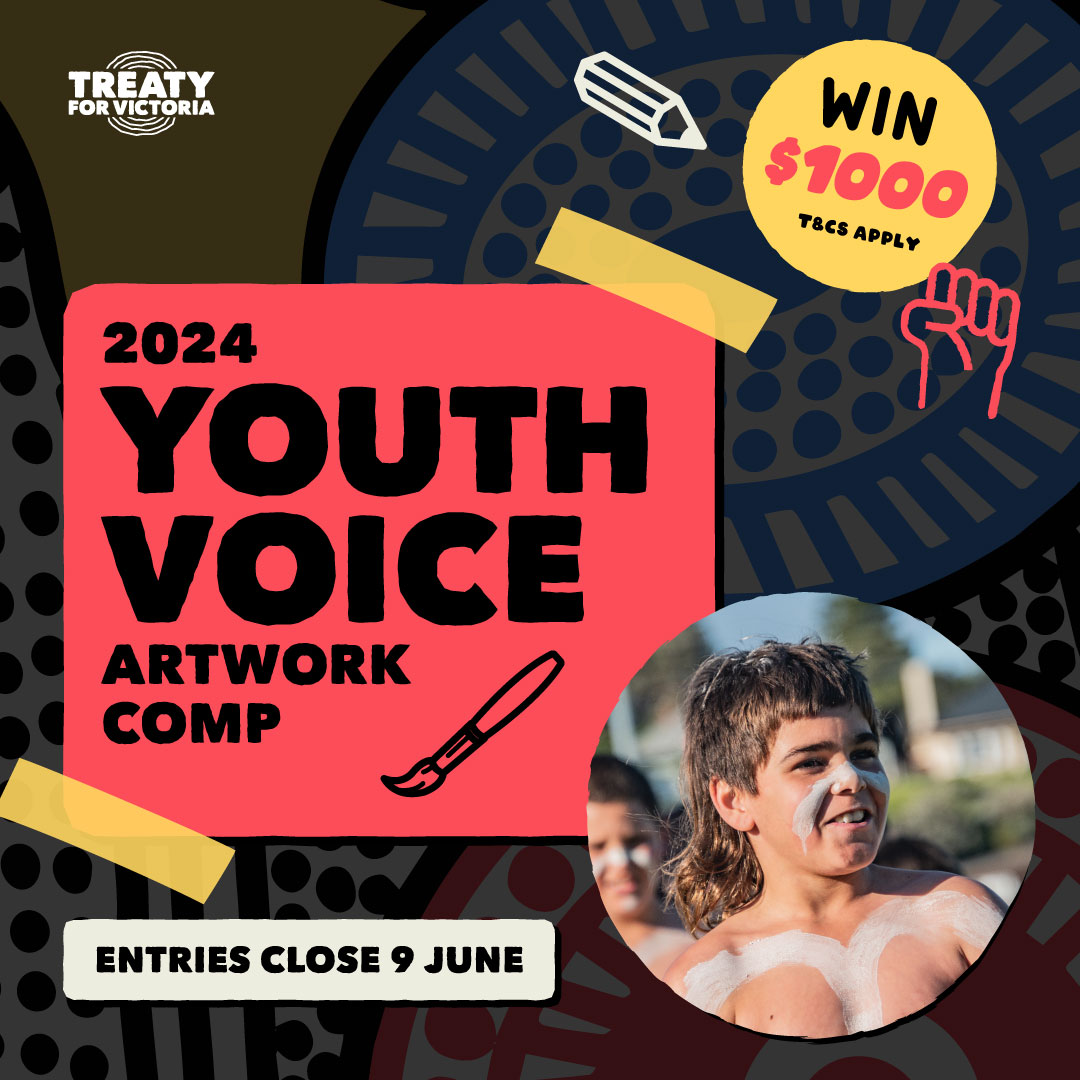 Calling all young mob artists 🎨 here's your chance to win $1,000! Our Youth Voice is about teaching, listening and talking Treaty, and we want young mob to create a piece of artwork to help promote it. For more info and Terms and Conditions head to: firstpeoplesvic.org/news/youth-voi…