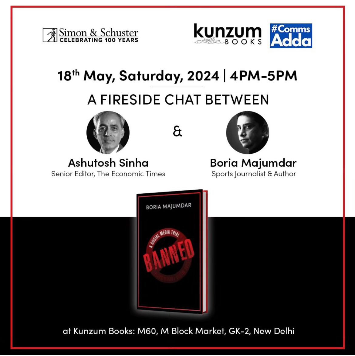 Looking forward to the event at 4pm. Do join us at @kunzum as we speak on Banned: A social media trial. @SimonSchusterIN @artsmithconcept @udita_scorpio77 @gargiraut15 @CommsAdda @AshutoshSinha00 @Probasibangali @mrinall