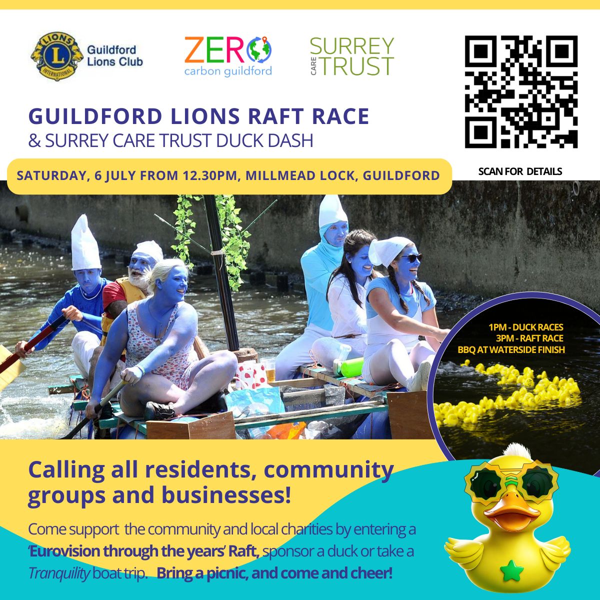 SurreyCareTrust's tweet photo. The Duck Dash &amp; Raft Race are back, come and join in the fun!
 #DuckDash #RaftRace #CommunityFun #FamilyFriendly https://t.co/gzQnNfBgEc
