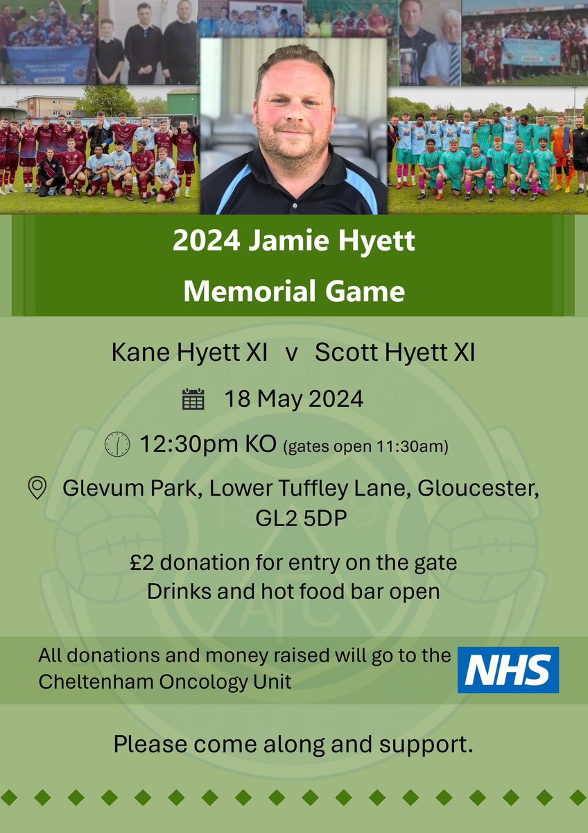 At 12:30pm we host our 3rd @jamie_hyett memorial fixture. We ask for donations on the gate to help raise funds for Cheltenham Oncology Unit, who offered excellent care to Jamie. We’d love to see you there for Jamie’s family & the game between @scotthyett & @_Kanehyett’s teams.