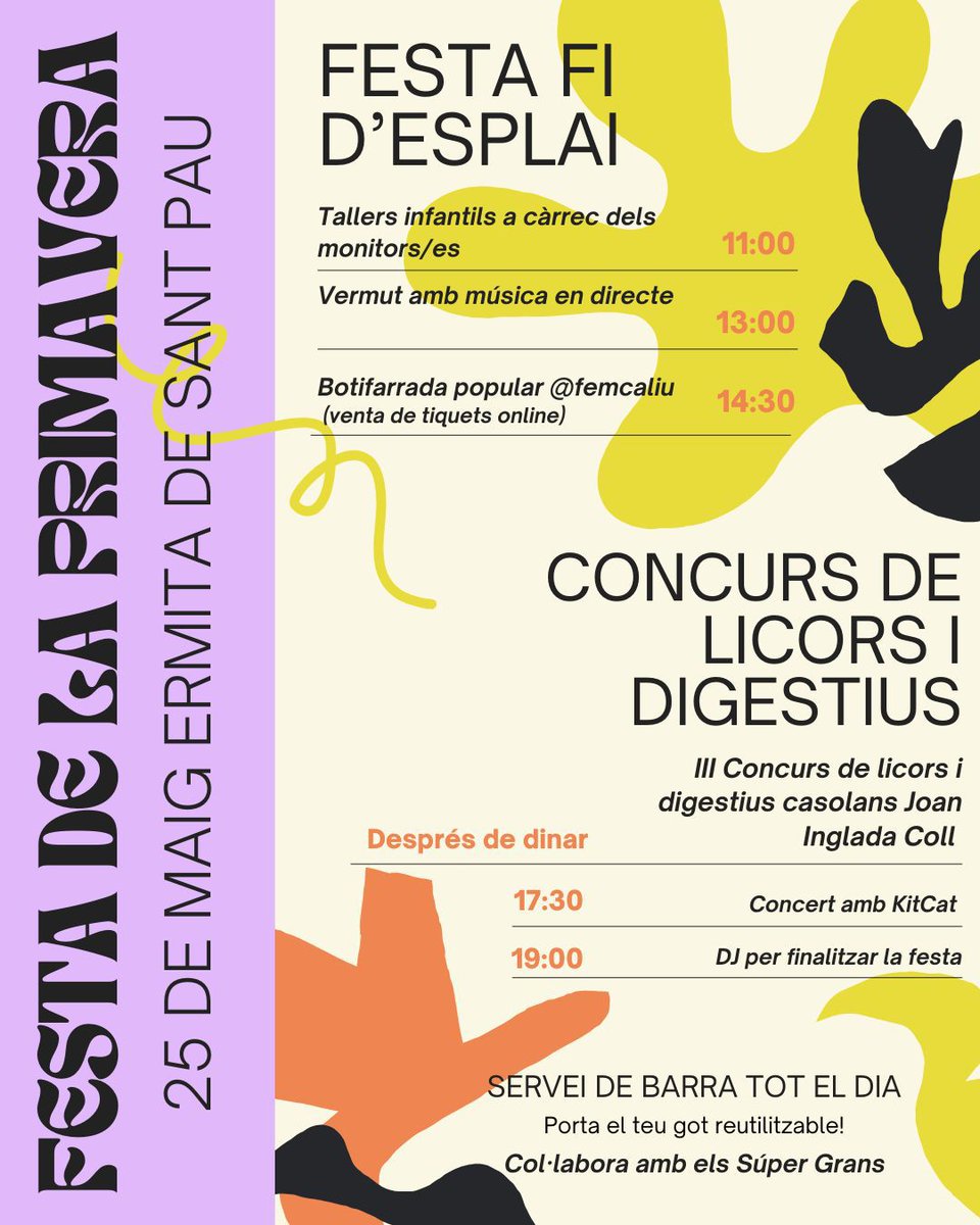 Us recordem que el proper dissabte 25 de maig arriba la 2a Festa de la Primavera a l'ermita de Sant Pau. Important adquirir els tiquets per al dinar popular abans del 21 de maig!! Al matí podreu gaudir de la festa de Fi d'esplai amb jocs i
