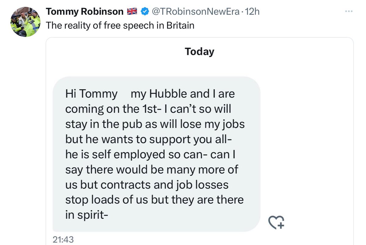I’m not understanding this. Is little Tommy saying that if you can’t get the day off work to attend his London riot you are being denied free speech?