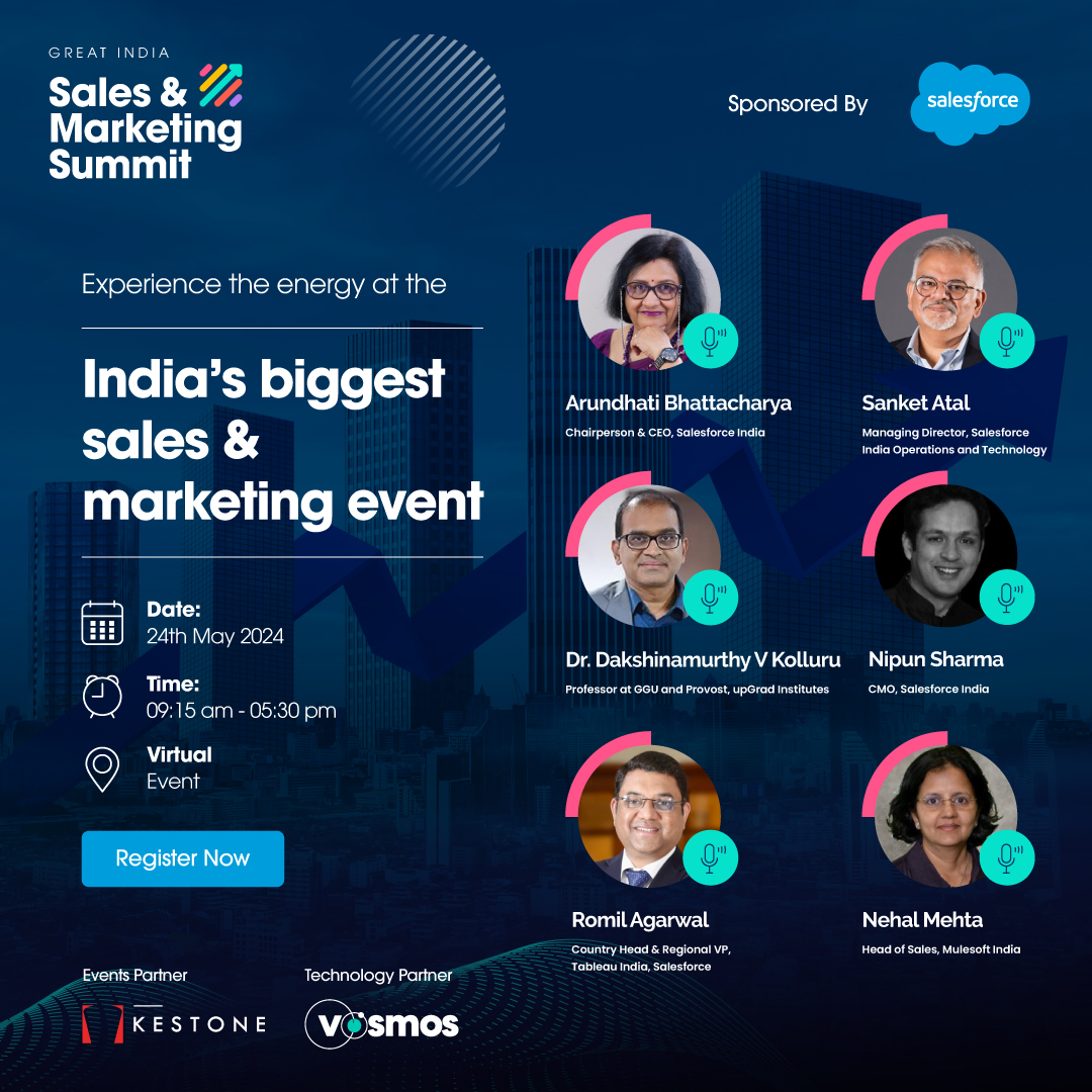 Get ready to revolutionize the way your brand does sales and marketing! Meet and learn from leaders who are champions in their field. Register today for the event here: bit.ly/4a9BhjN 📅 24th May 2024 ⏰ 09:15 am - 05:30 pm #Salesforce #GISMS2024 #GreatIndiaSummit