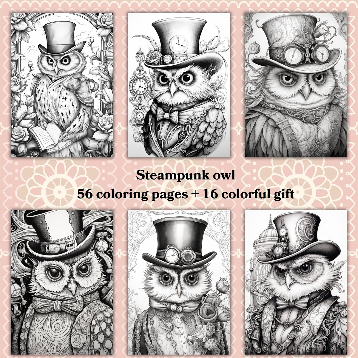 Steampunk owl - 56 coloring pages , instant download , printable pdf tuppu.net/8fb6a675 #coloring page #kids #coloringbook #Etsy #printable coloring #ColoringPage #EtsySeller #instant download #coloring adult #CosKrisArt #ColoringKids