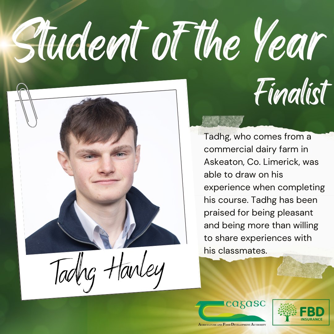Tadhg Hanley is a finalist in the Teagasc/ FBD Student of the Year Awards. Tadhg is a dairy farmer based in Askeaton, Co. Limerick. Book your virtual seat for the awards ceremony which takes place on 21 May here bit.ly/3oSckYp @fbd_ie