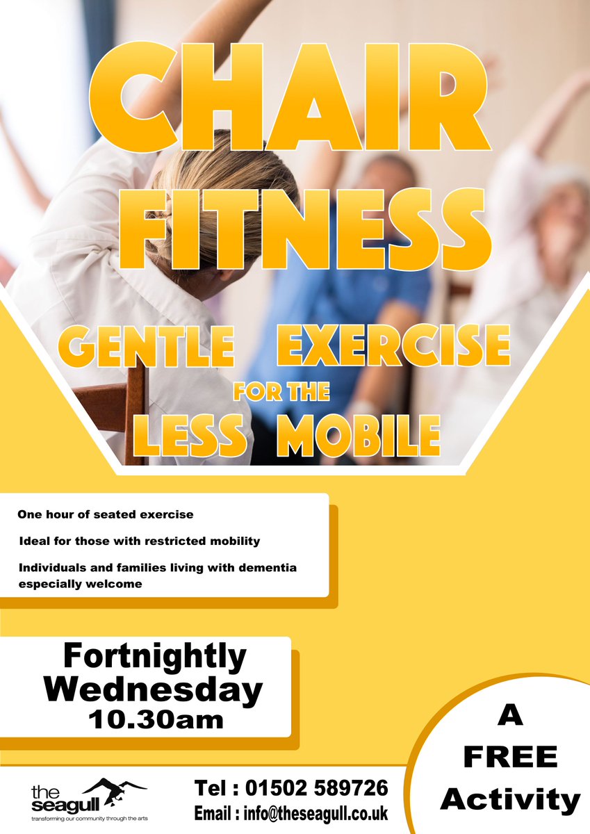 Alternate Wednesdays we offer a 'Chair Fitness' class from 10.30am🎼

It's gentle exercise for people with limited mobility, but anyone is welcome to come along!
We also provide free tea and biscuits and good company!☕

If interested, please email - community@theseagull.co.uk
