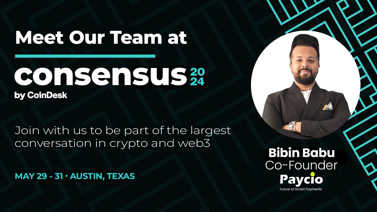 We're excited to announce that the #Paycio team is jetting off to attend #Consensus2024 by CoinDesk in #Austin, #Texas, from May 29-31, 2024, for the most influential gathering of crypto, blockchain, and Web3 of the year. We can't wait to reconnect with familiar faces, forge new