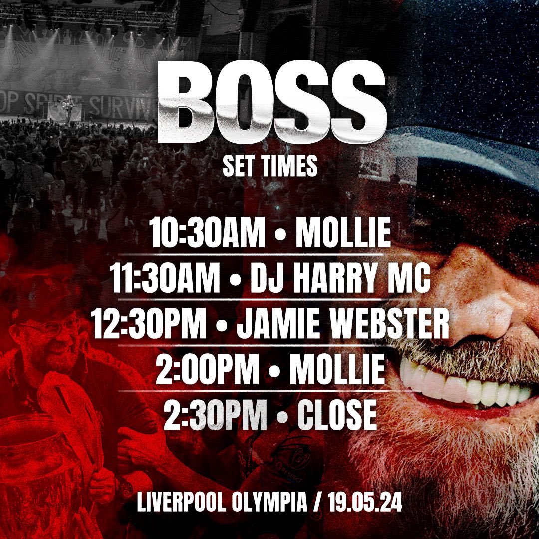 This weekend's BOSS shows at the Olympia are sold out as we all look forward to celebrating Jürgen Klopp.   There is a full bar open on both days (cash or card) and a range of snacks and hot dogs are available.