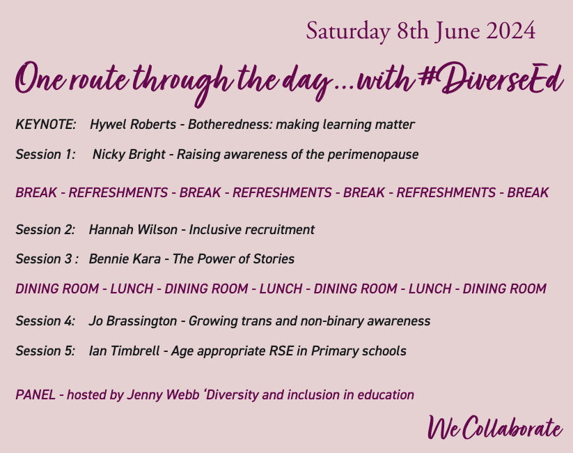 Workshop choices for #WeCollaborate24 are fast approaching - you might take a #DiverseEd route through the day with @HYWEL_ROBERTS @benniekara @ITimbrell @nickybright @jobrassington @Ethical_Leader @FunkyPedagogy Do you have your ticket yet? ➡️ rmsforgirls.com/wecollaborate/