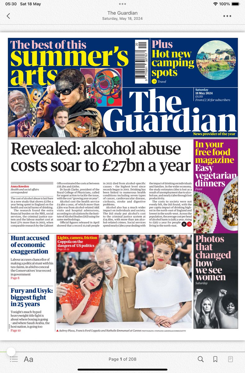 Big well done to @InstAlcStud and us for getting this coverage of the costs of alcohol. Great collaboration. Front page of the @guardian @ADPHNE @NENC_NHS