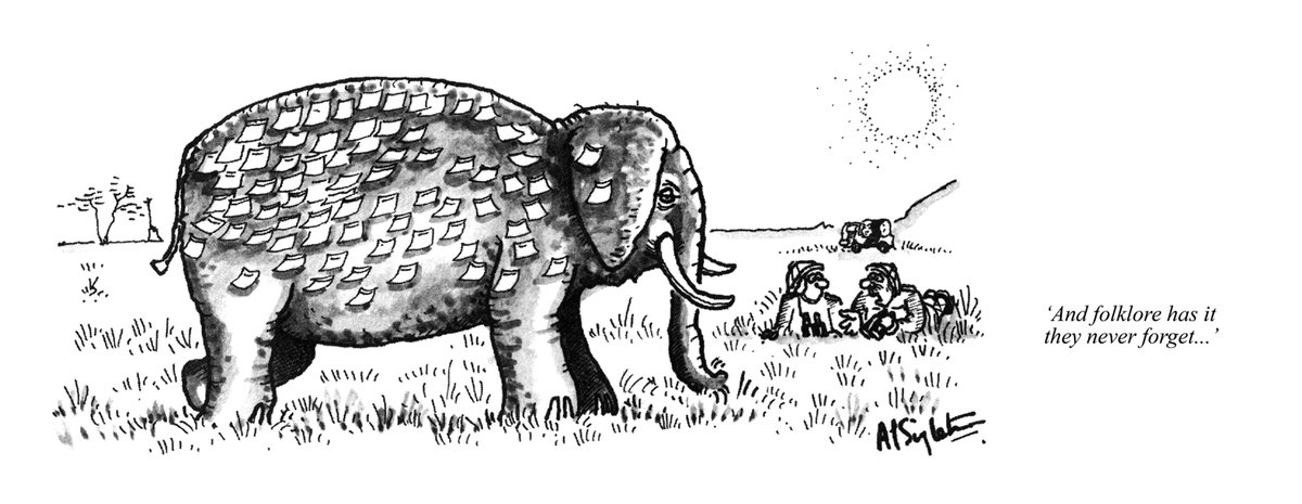 Today's PUNCH Cartoon Classic. ‘And folklore has it they never forget...’ Adam Singleton 1991 #elephants #animals #legends #postitnotes #memory #wildlife #Africa #expeditions #travellers #travel #safaris