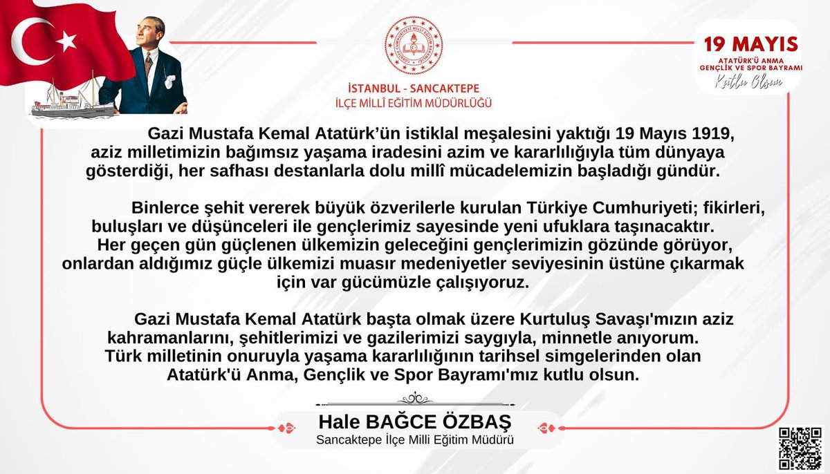 memsancaktepe's tweet photo. Millî Eğitim Müdürümüz Hale BAĞCE ÖZBAŞ, 19 Mayıs Atatürk'ü Anma, Gençlik ve Spor Bayramı vesilesi ile bir mesaj yayımladı.

🔗 https://t.co/ePJFovDmOq

#19Mayıs1919 #GençlikveSporBayramı 

@tcmeb @istanbulilmem @TC_sancaktepe @halebagceozbas https://t.co/KSOdjWahy0