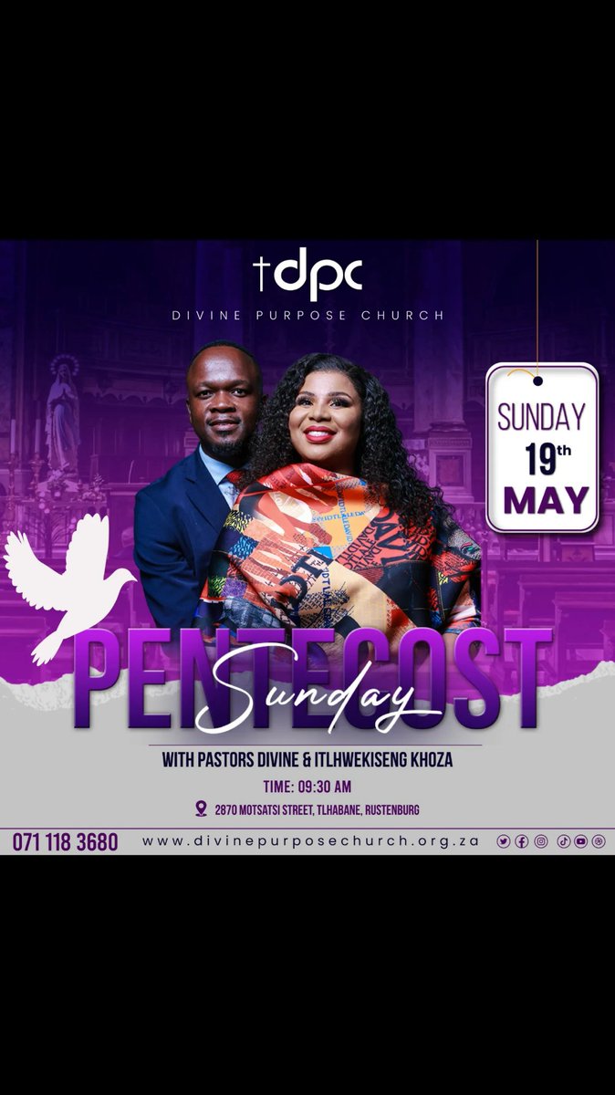 DivinePurposeC2's tweet photo. "Join us at Divine Purpose Church for a powerful Pentecostal Sunday Service on May 19, 2024, at 9:30 AM. Let's celebrate the Holy Spirit together and experience transformation in our lives. See you there!" https://t.co/4hQYr3ahby