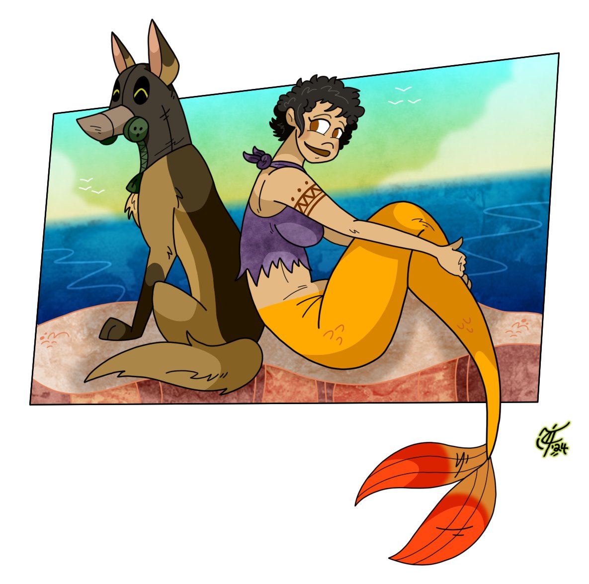 A reluctant kriegshund hangs out with his radical gal pal from the briny deep (I love drawing these two together) 🐾☢🧜‍♀️🏝️🌊😄 #MerMay2024 #FR1T2 #Kepi #bestbuddies #gshep #kriegshund #mermaid #mermaidart #mermaidencounter #island #seaside #ocart