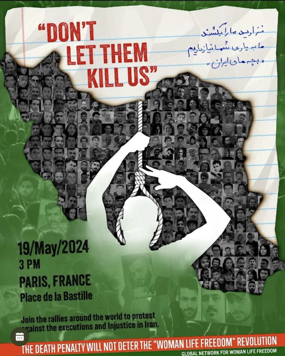 Retrouvons-nous dimanche 19 mai à #Paris pour soutenir le rappeur #ToomajSalehi et tous les prisonniers politiques iraniens ! Ne laissons pas le régime des mollahs les assassiner ! #Iran #FreeToomaj‌ #StopExecutionsInIran #IRGCterrorists‌ #FemmeVieLiberte #WomanLifeFreedom