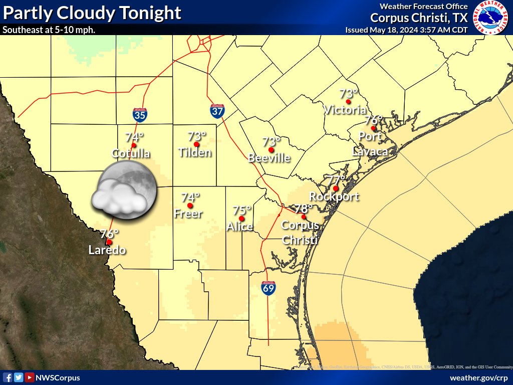 Sunny to partly cloudy today. Highs ranging from 90° along the Coastal Bend to around 100° along the Rio Grande Plains. Heat indices will range from 100 to 105 today. Waves will be around 3 feet today, with a LOW risk of rip currents. Partly cloudy tonight with lows the 70s.