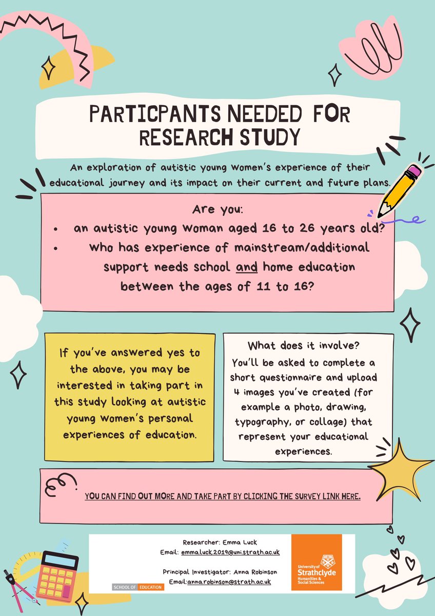 Anna Robinson 💚 (she/her) (@dr_annarobinson) on Twitter photo 📢 NEW STUDY ALERT📢
Looking for:
✅ Autistic young woman 16-26 (self diagnosis welcome)
✅ Educated in Mainstream/ASN AND Home education
✅ would like to share your schooling experience
✅ Proficient in English
✅ Based anywhere in the world
#StathPGR #Autism <a href="/StrathEDU/">Strathclyde Institute of Education</a> 📢 NEW STUDY ALERT📢
Looking for:
✅ Autistic young woman 16-26 (self diagnosis welcome)
✅ Educated in Mainstream/ASN AND Home education
✅ would like to share your schooling experience
✅ Proficient in English
✅ Based anywhere in the world
#StathPGR #Autism <a href="/StrathEDU/">Strathclyde Institute of Education</a>