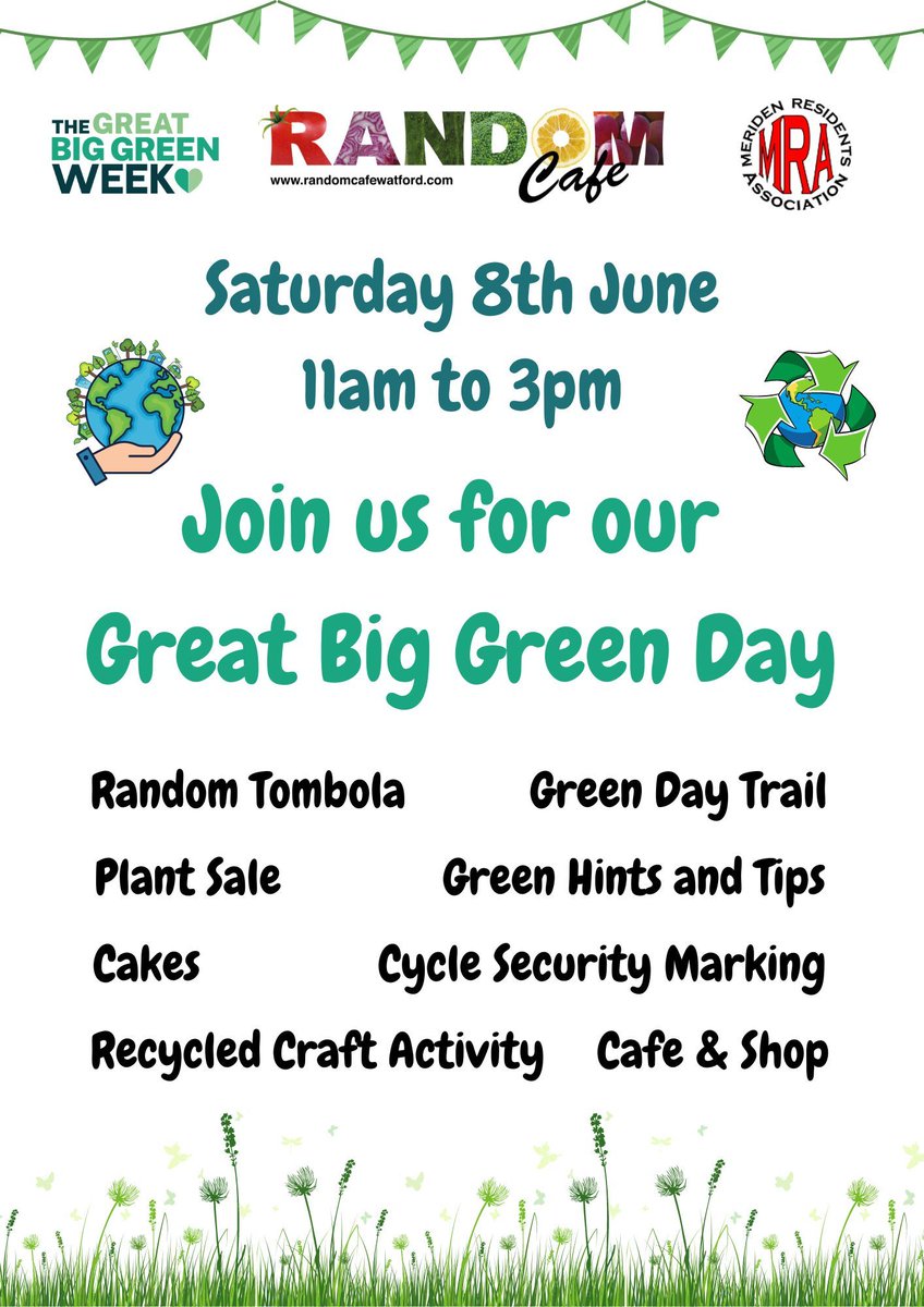 Save the date for Random Cafe's Great Big Green Day on 8th June! Join us for a day of activities, green hints, tips, and our cafe, shop, and plant sale. Free entry from 11am to 3pm. Don't miss out!

#greatbiggreenweek #stopfoodwaste #sustainability #wastefoodshop #tombola