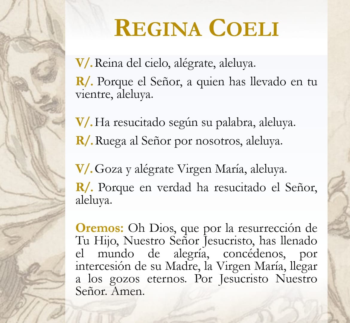 SÁBADO, DÍA DE LA VIRGEN. Durante el tiempo Pascual se sustituye el rezo del Ángelus por el Regina Coeli ('Reina del cielo, alégrate') desde que así lo estableciera S.S. Benedicto XIV en 1742. 📸 Fco. Borja Chamorro.