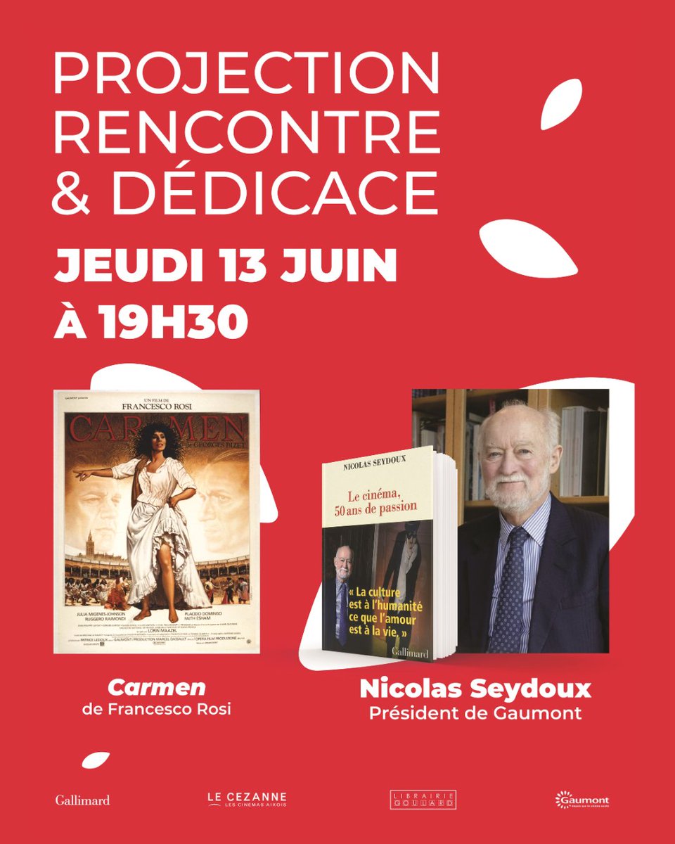 Jeudi 13 juin 2024, le Cézanne accueille M. Nicolas Seydoux, Président de @Gaumont, à l’occasion de la sortie de son livre chez @Gallimard : 'Le cinéma 50 ans de Passion'. À 19h30, la soirée débutera par la projection de 'Carmen', réalisé par Francesco Rosi.