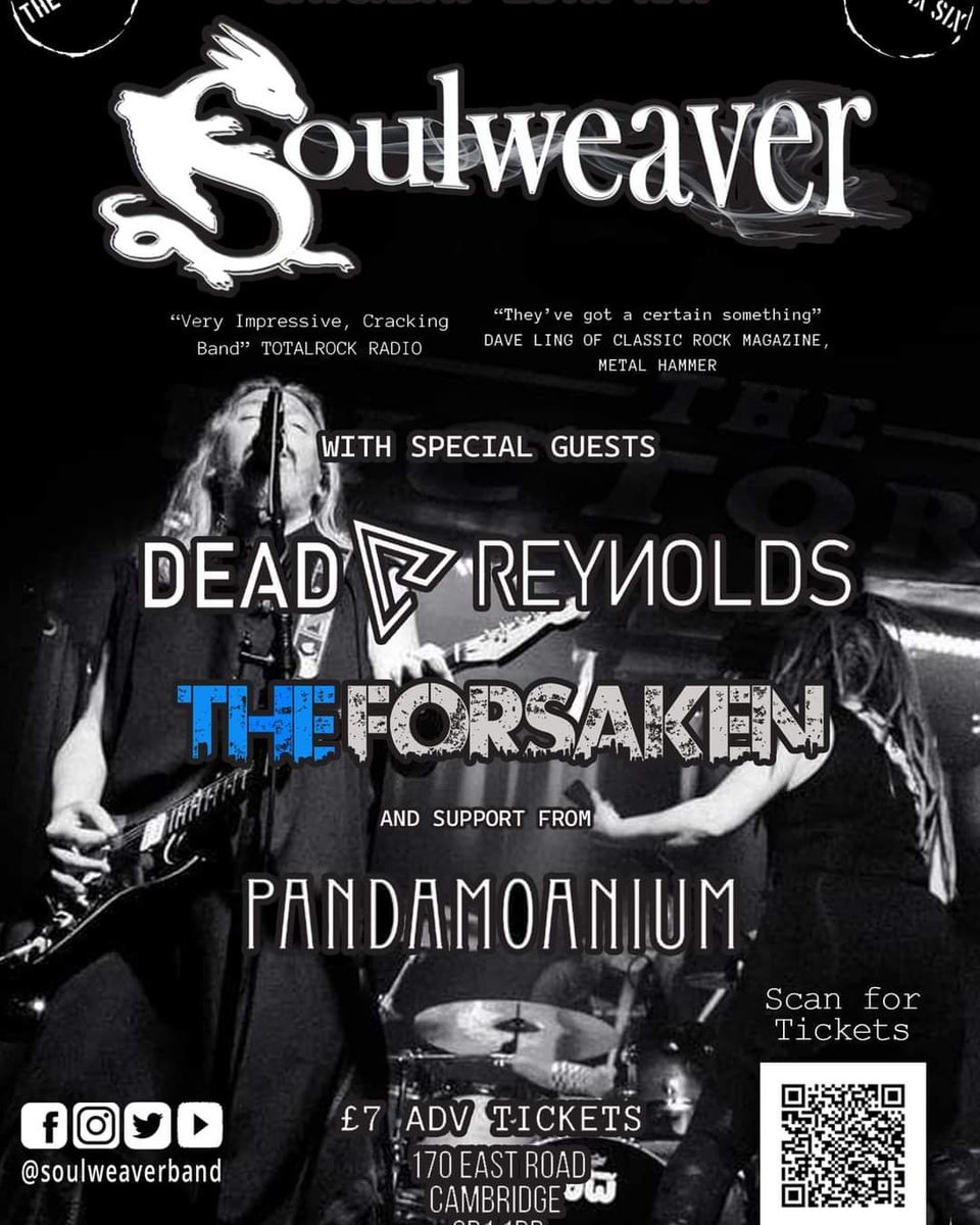 Soulweaverband's tweet image. !!! 🤘 TONIGHT🤘 !!! 
SOULWEAVER + DEAD REYNOLDS + THE FORSAKEN + PANDAMOANIUM @ THE SIX SIX BAR CAMBRIDGE.
Tickets still available:
eventim-light.com/uk/a/63d3b3cc2… 

#londondrumstickcompany #statusgraphite #oderydrums  #fendercustomshop #livegig  #fenderstratocaster  #LiveMusic