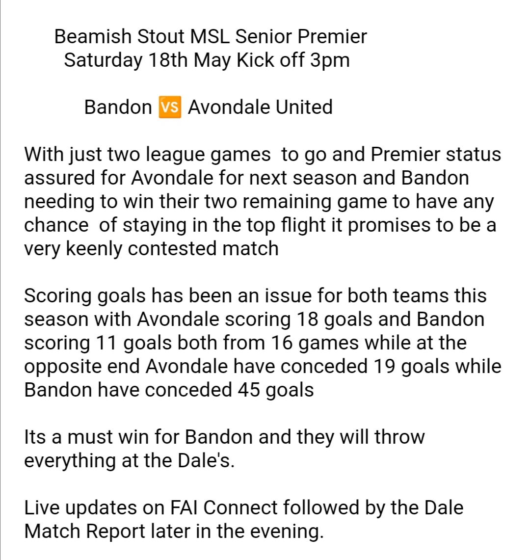 Saturday's MSL Senior Premier Division Kick off 3Pm @BandonAFC @AvondaleUtdFC @BigRedBench