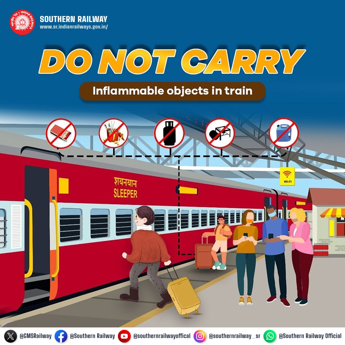 Travel Smart and Safe! 🚆

Please do not carry inflammable items like matchsticks, fireworks, lighters, gas cylinders, or kerosene on trains. Your safety is our priority. 

#SouthernRailway #TravelSafe #SafetyFirst #IndianRailways #TravelResponsibility