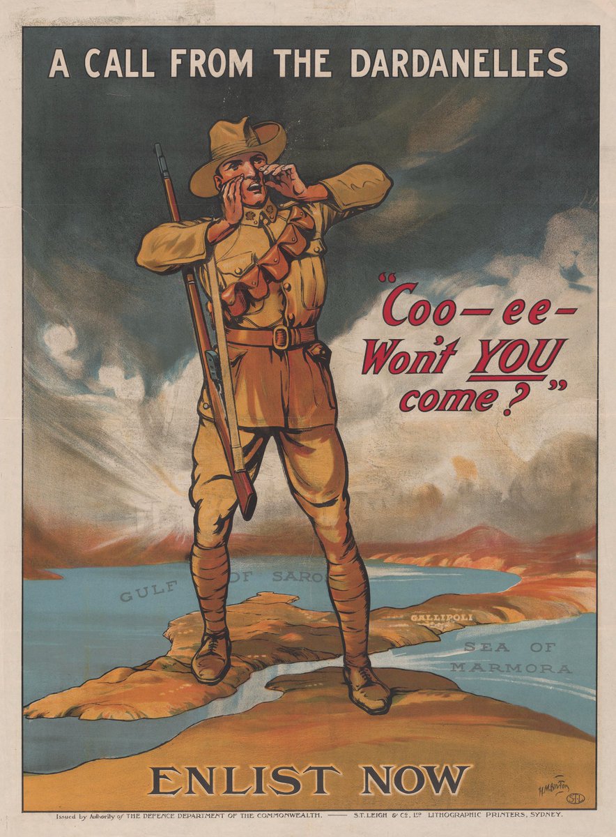 'A call from the Dardanelles' — Australian poster from the First World War (1915) showing a soldier calling to his pals back home to join him in Gallipoli. Artist: H. M. Burton.