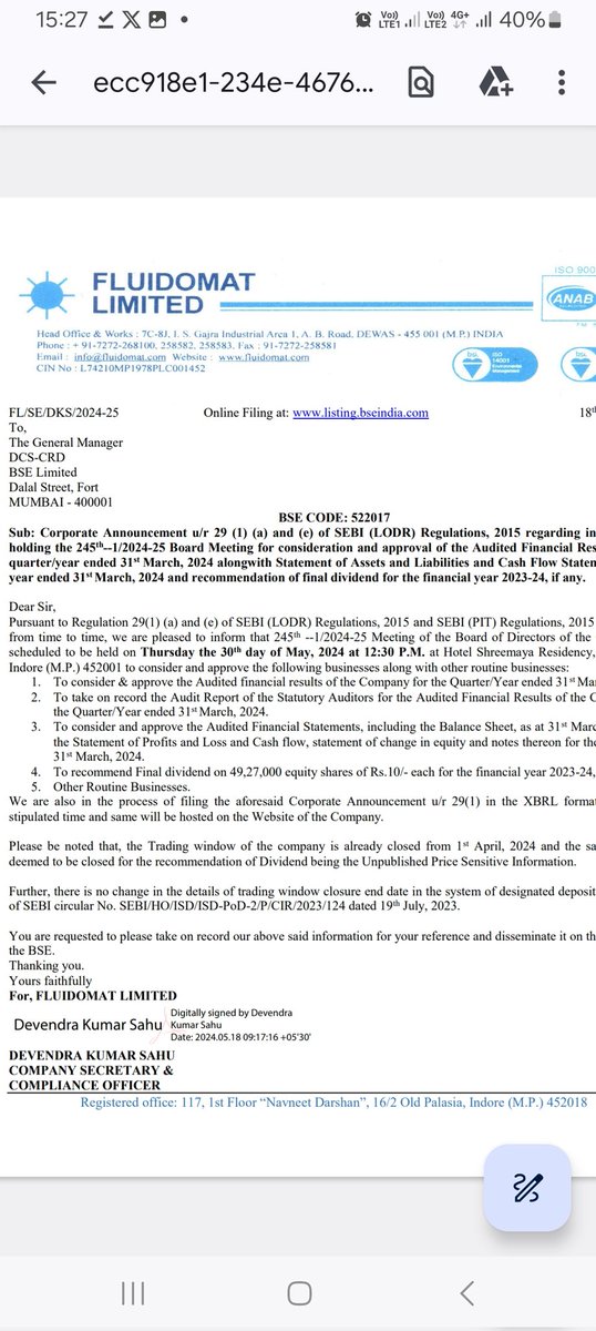 microturnsmacro's tweet image. #Fluidomat Results on 30th May. Board to consider dividend