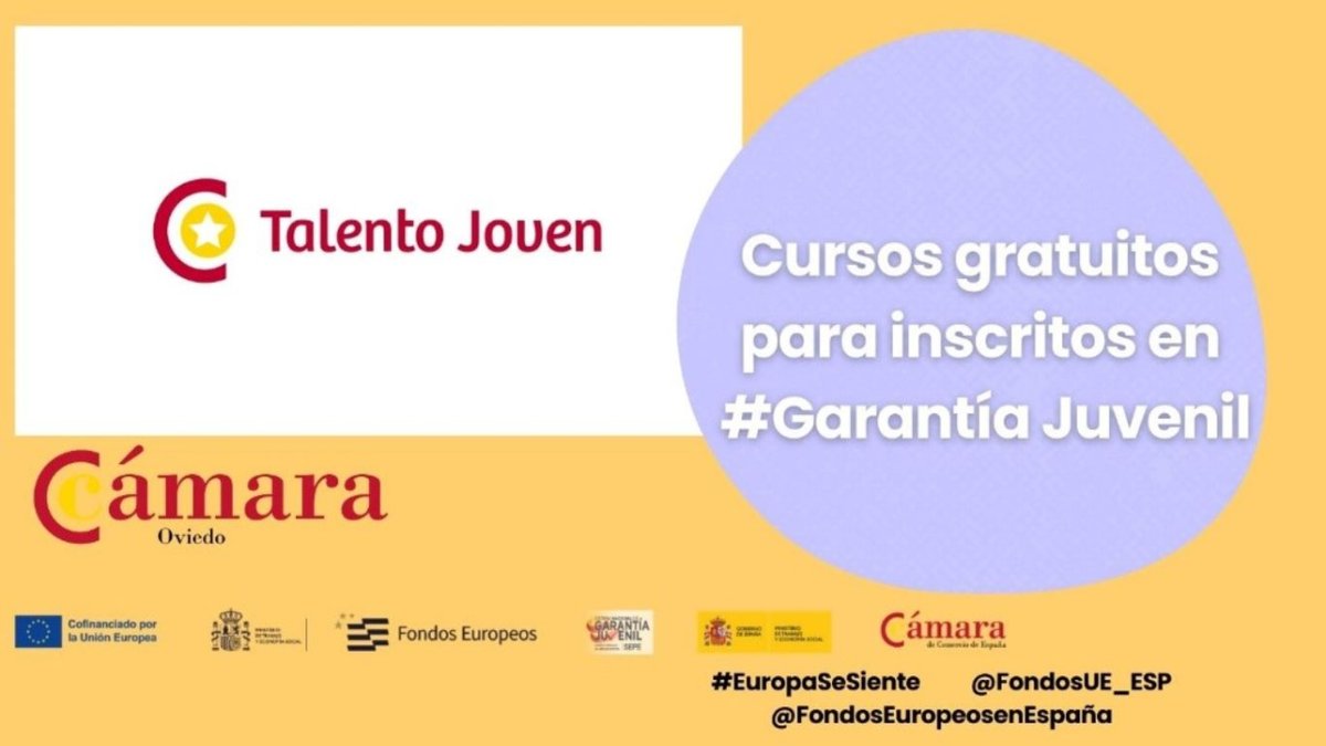 📣 ¿Estás inscrito en #GarantíaJuvenil? 🚀 Puedes formarte gratis con el #ProgramaTalentoJoven de @CamaraOviedo   ⤵️ 🔶 Ocio y tiempo libre 🔶 Marketing Digital+Wordpress+Seo 🔶 Almacén, logística y carretillas elevadoras 🔷 Más información 👉 i.mtr.cool/vbtsgfmnky