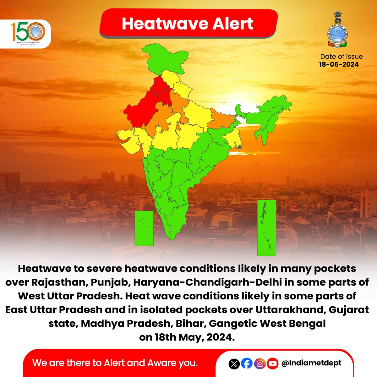 Heatwave to severe heatwave conditions likely in many pockets over Rajasthan, Punjab, Haryana-Chandigarh-Delhi in some parts of West Uttar Pradesh. Heat wave conditions likely in some parts of East Uttar Pradesh and in isolated pockets over Uttarakhand, Gujarat state,