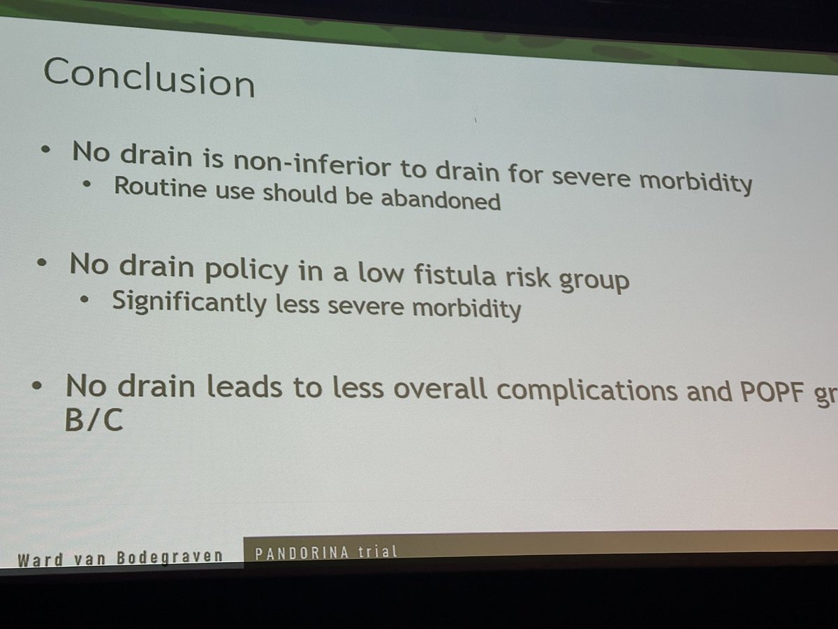 Marc Besselink (@marcbesselink) on Twitter photo Is it safe to stop placing drains in left pancreatectomy?
Yes! #PANDORINA trial by <a href="/WardvBodegraven/">Ward van Bodegraven</a> in the Best of the Best #IHPBA24
Morbidity reduced by NOT placing a drain. 15% reduced grade B/C grade if NO drain.
⏩️thelancet.com/journals/langa… Is it safe to stop placing drains in left pancreatectomy?
Yes! #PANDORINA trial by <a href="/WardvBodegraven/">Ward van Bodegraven</a> in the Best of the Best #IHPBA24
Morbidity reduced by NOT placing a drain. 15% reduced grade B/C grade if NO drain.
⏩️thelancet.com/journals/langa…
