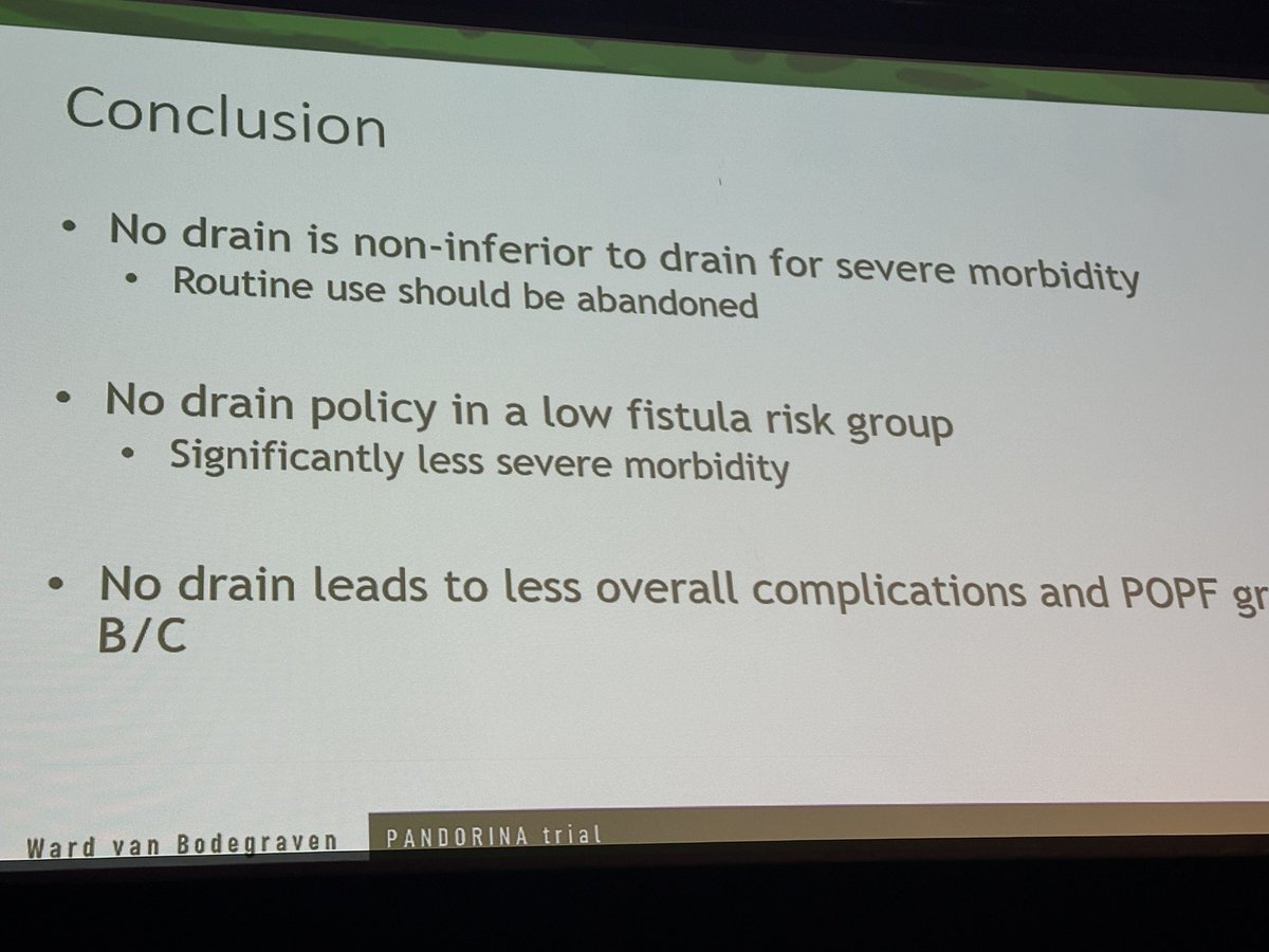 Is it safe to stop placing drains in left pancreatectomy? Yes! #PANDORINA trial by @WardvBodegraven in the Best of the Best #IHPBA24 Morbidity reduced by NOT placing a drain. 15% reduced grade B/C grade if NO drain. ⏩️thelancet.com/journals/langa…