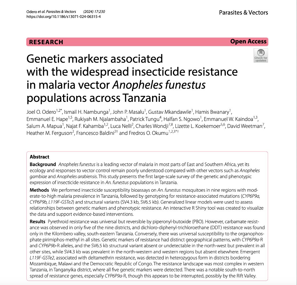 🚨🚨Our latest study (🔗rdcu.be/dIhVj) marks an important step towards understanding the distribution and evolution of insecticide resistance mechanisms in Tanzania. It will contribute significantly to evidence-based decision-making for improved vector control in TZ. 🧵
