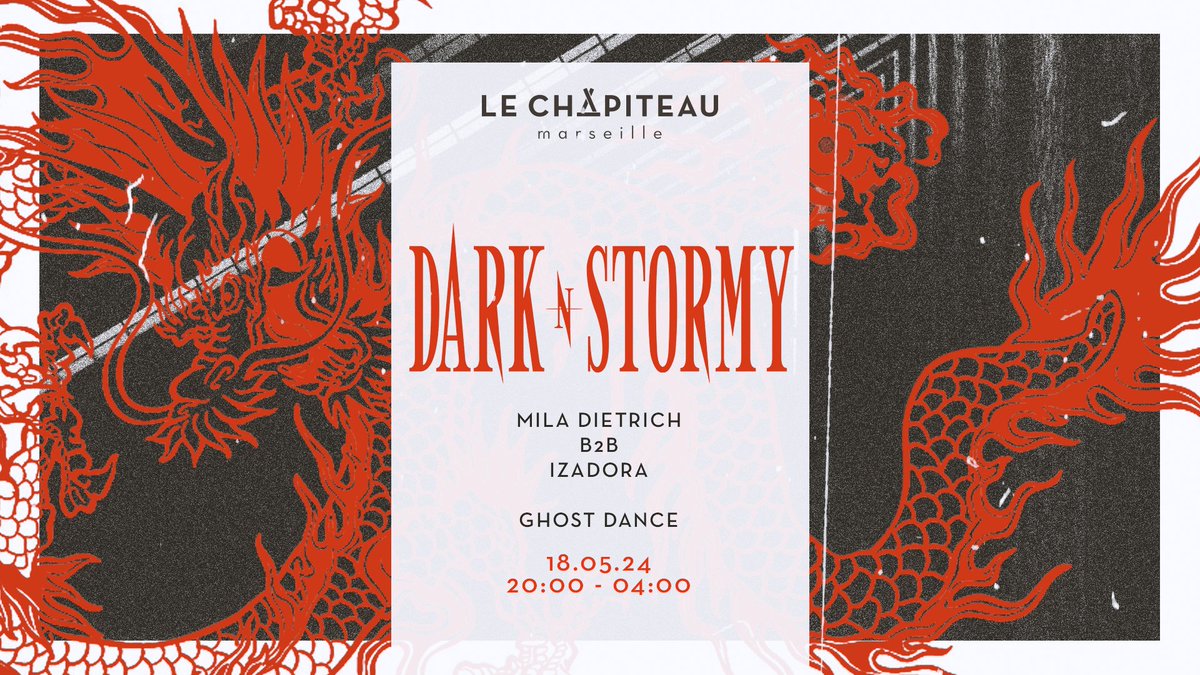 CE SOIR >  MARSEILLE !!!  <a href="/ChapiteauLe/">Le Chapiteau Marseille</a> 
20H -04H / Entrée Libre avant 21h30.

DARK N STORMY w/ Mila Dietrich, Ghost Dance &amp; Izadora

Venez tôt !! je joue mon live en début de soirée à l'extérieur , puis en dj set plus tard à l'intérieur.

Billetterie : shotgun.live/fr/events/dark…
