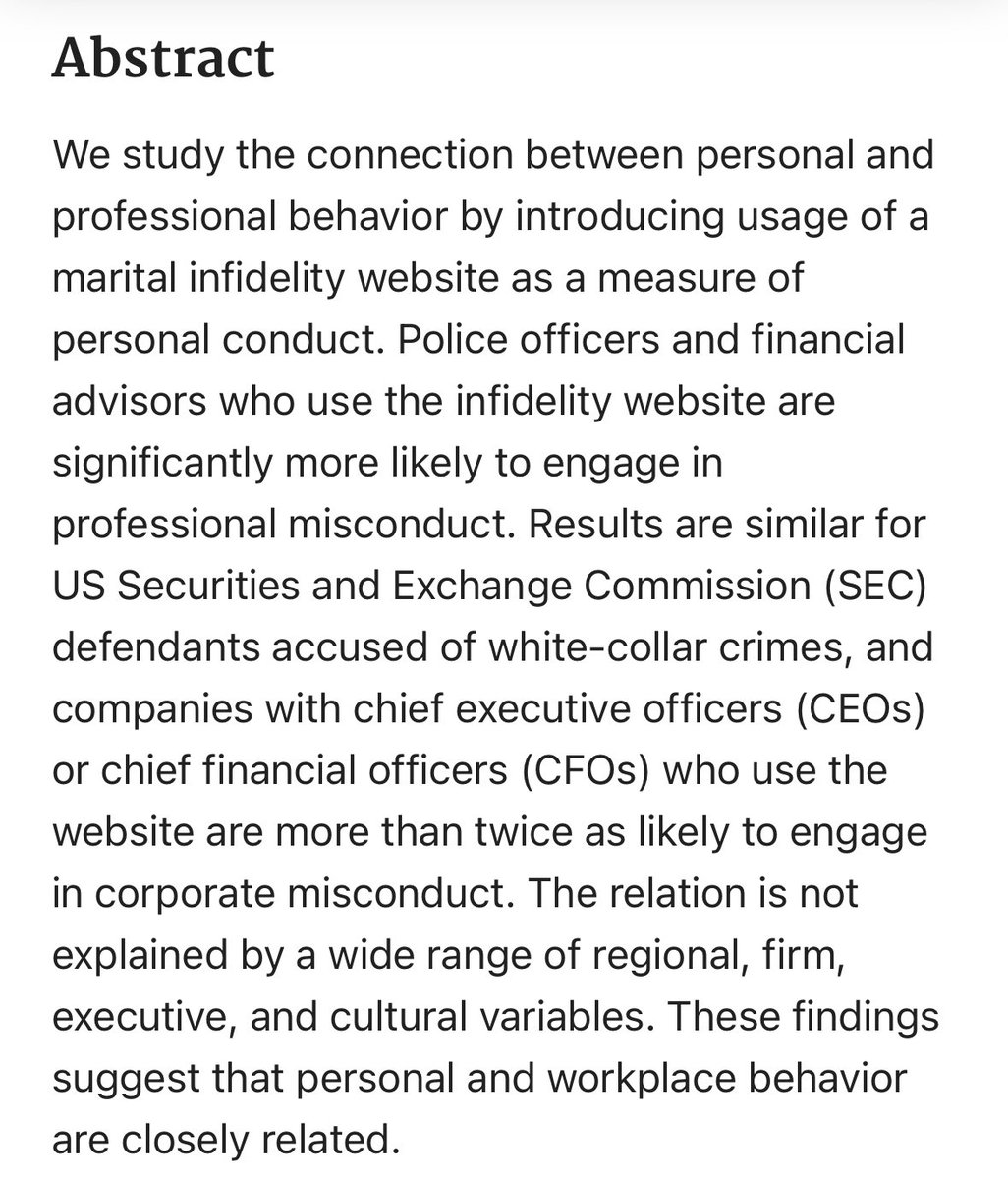 CEOs and CFOs who use Ashley Madison “are more than twice as likely to engage in corporate misconduct.” Similar results for financial advisors and breaking SEC rules and cops doing police misconduct. pubmed.ncbi.nlm.nih.gov/31363051/