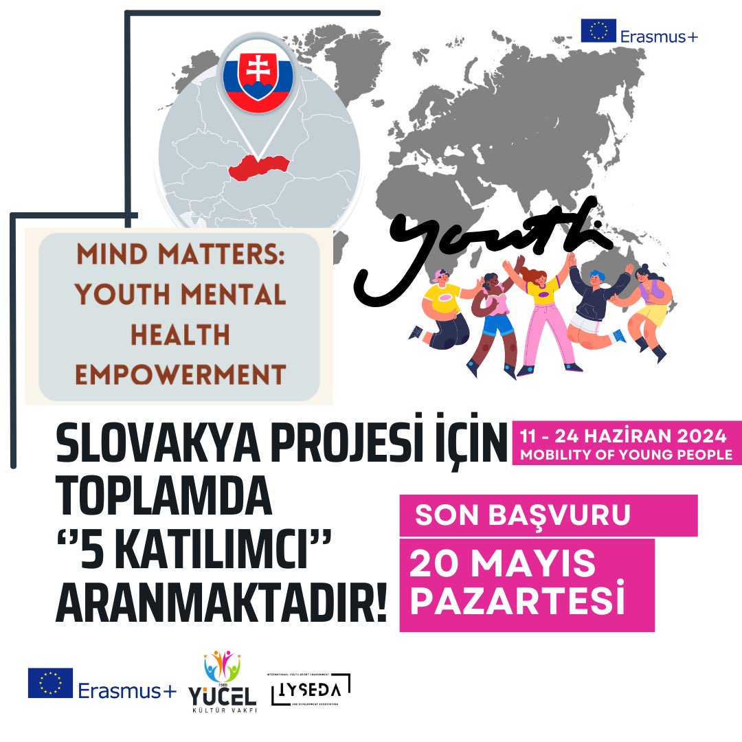 📢 Slovakya’da olacak proje için 18-30 yaş arası, en az B1 düzeyinde İngilizce bilen ve pasaportu olan katılımcılar aranıyor! Detaylı bilgi ve başvuru için forms.gle/Y7hSa74PZpUx9R…  linke tıklayabilirsiniz. 🌍✨ #RuhSağlığı #GençlikProjesi #sosyaldiyalog