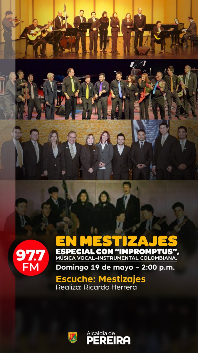 🎙️ ¿Qué es "Impromptus"?  Domingo Mayo 19, encuentro con la agrupación vocal-instrumental dirigida por Carlos Mauricio Rangel en #mestizajes 🕗 2:00 P.M.
<a href="/EmisCulturalRAC/">Emisora Cultural RAC</a> 97.7 F.M. (Eje cafetero y centro occidente del país).  Sintoniza en streaming por emisoraculturaldepereira.com
