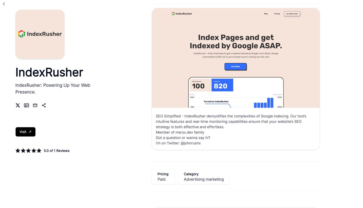 IndexRusher by @johnrushx is now live on prodpapa ! 

Go and review it, I will soon add the ability to collect testimonials (once my exams are over) 

You can also submit your product there and start collecting reviews and a backlink 😉

#buildinpublic